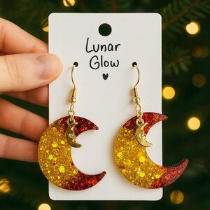 🔴 SOLD 🌙 Handmade Christmas Earrings – Lunar Glow Red & Gold Crescent Moon